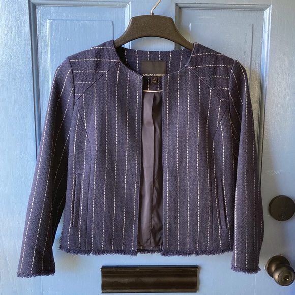 Banana Republic Blue Pinstripe Blazer, Fringe Hems - Picture 3 of 9